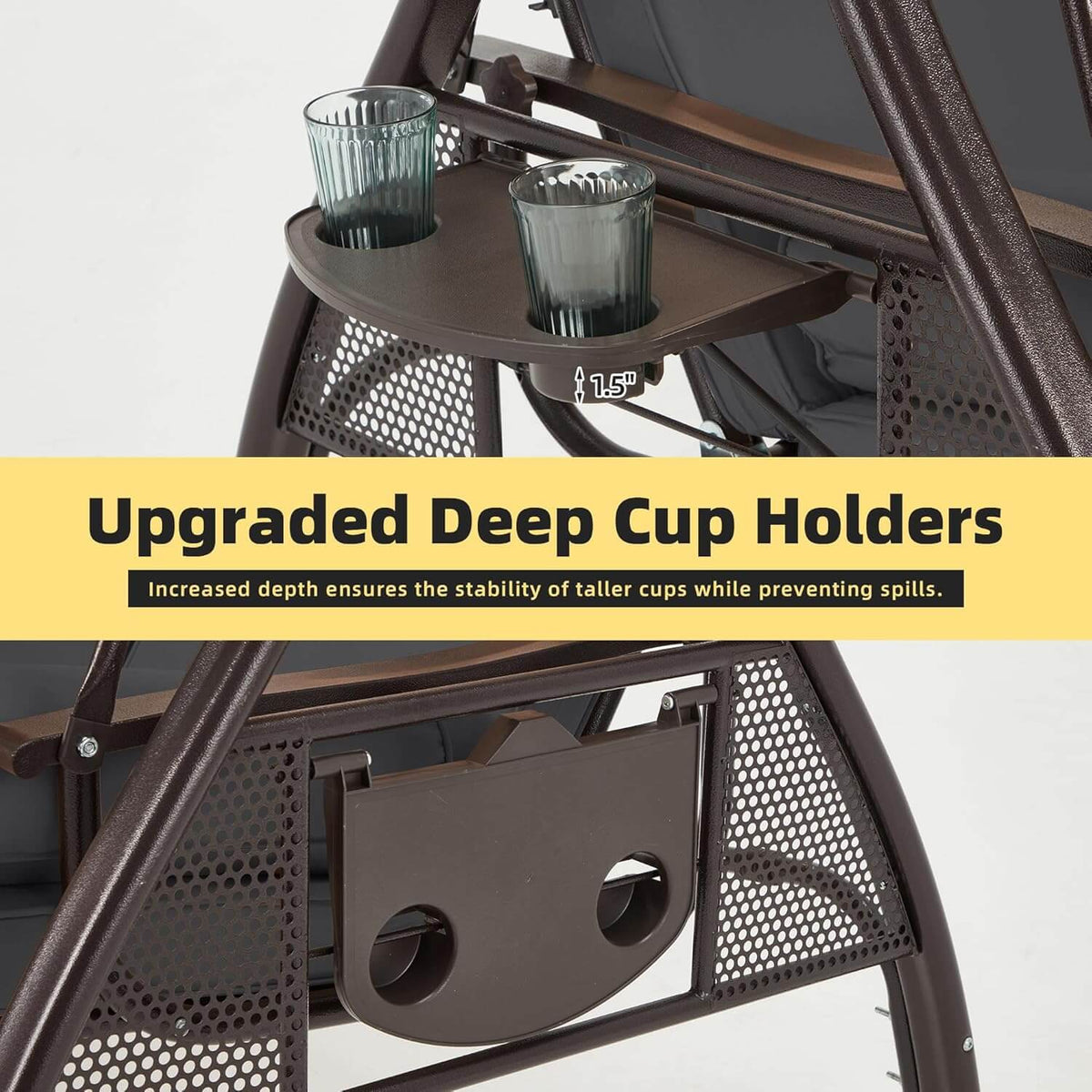 3-Seat Outdoor Porch Swing with Adjustable Canopy and Backrest. Gray