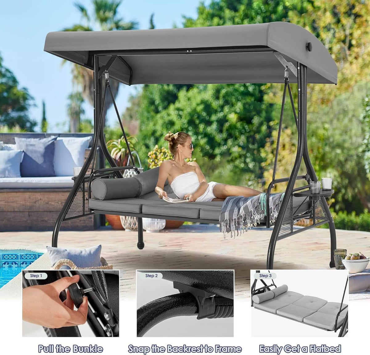3-Seat Outdoor Porch Swing with Adjustable Canopy and Backrest. Gray