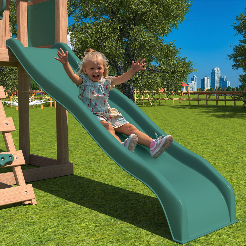Swing Sets for Backyard. 4-in-1 Outdoor Swing Set with Slide. Climbing Rock Wall. and Soft Cushion Swings for Backyard Playground