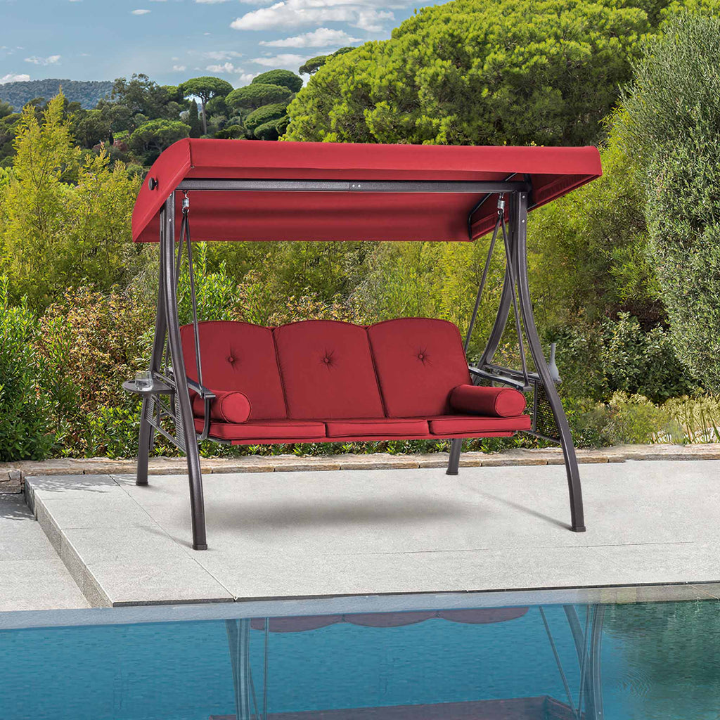 3-Seat Outdoor Porch Swing with Adjustable Canopy Backrest and 2 Side Trays. Wine Red