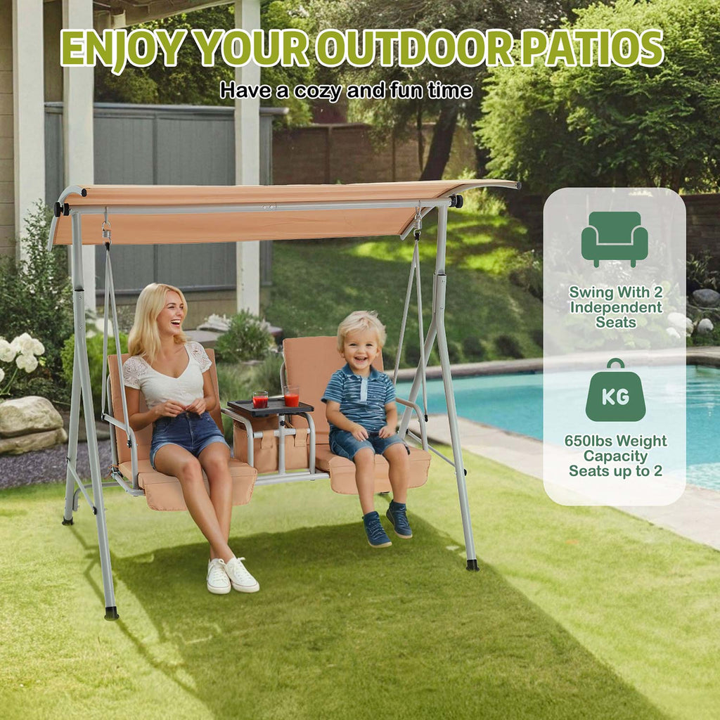 2 Seat Outdoor Porch Swing with Adjustable Canopy. Beige
