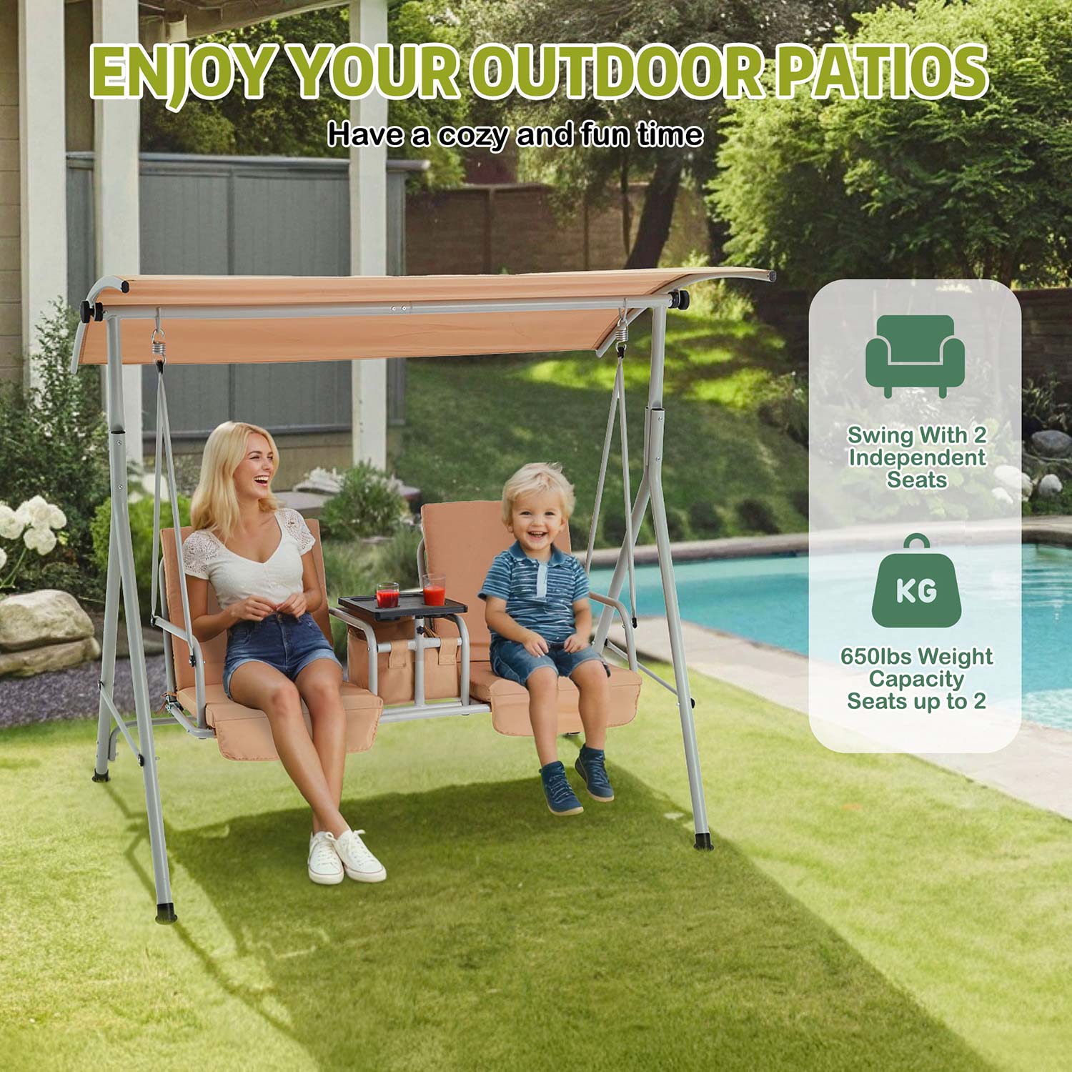 2 Seat Outdoor Porch Swing with Adjustable Canopy. Beige