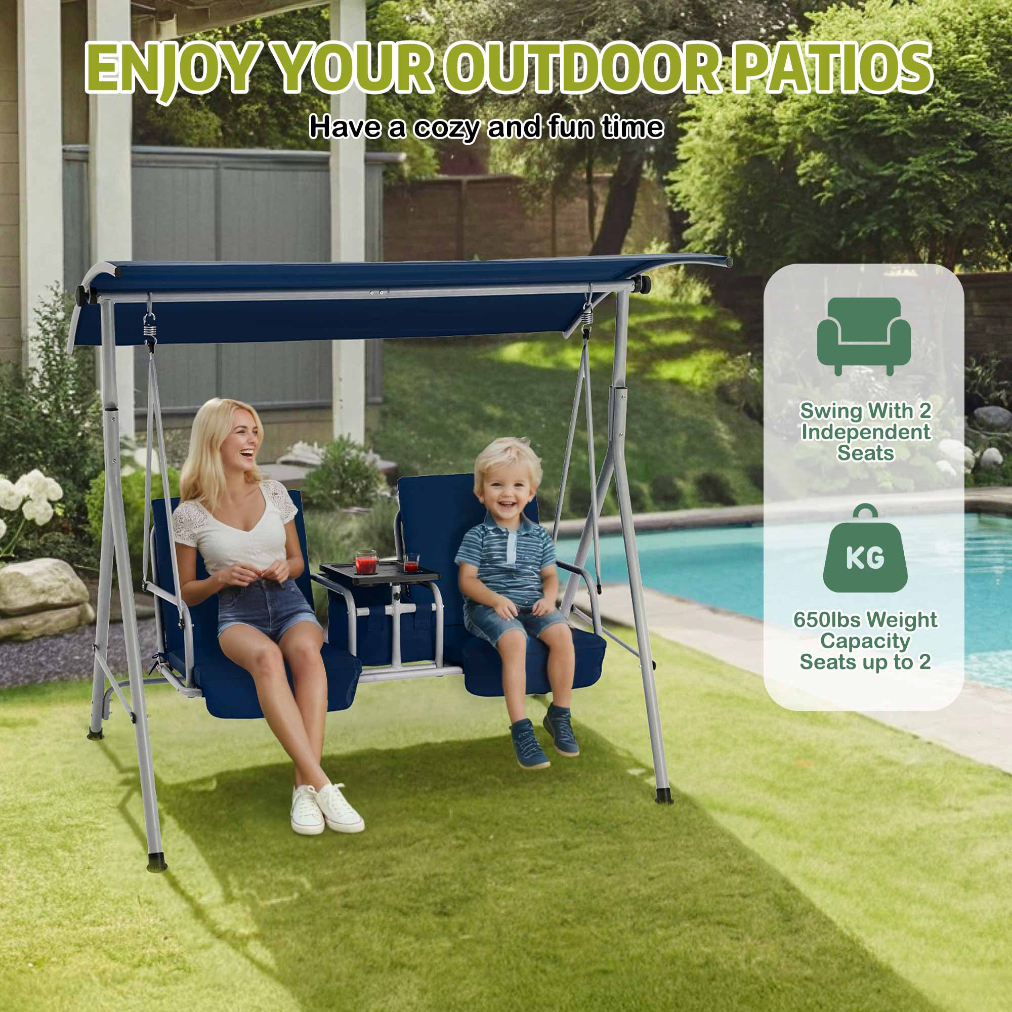 2 Seat Outdoor Porch Swing with Adjustable Canopy. Navy Blue