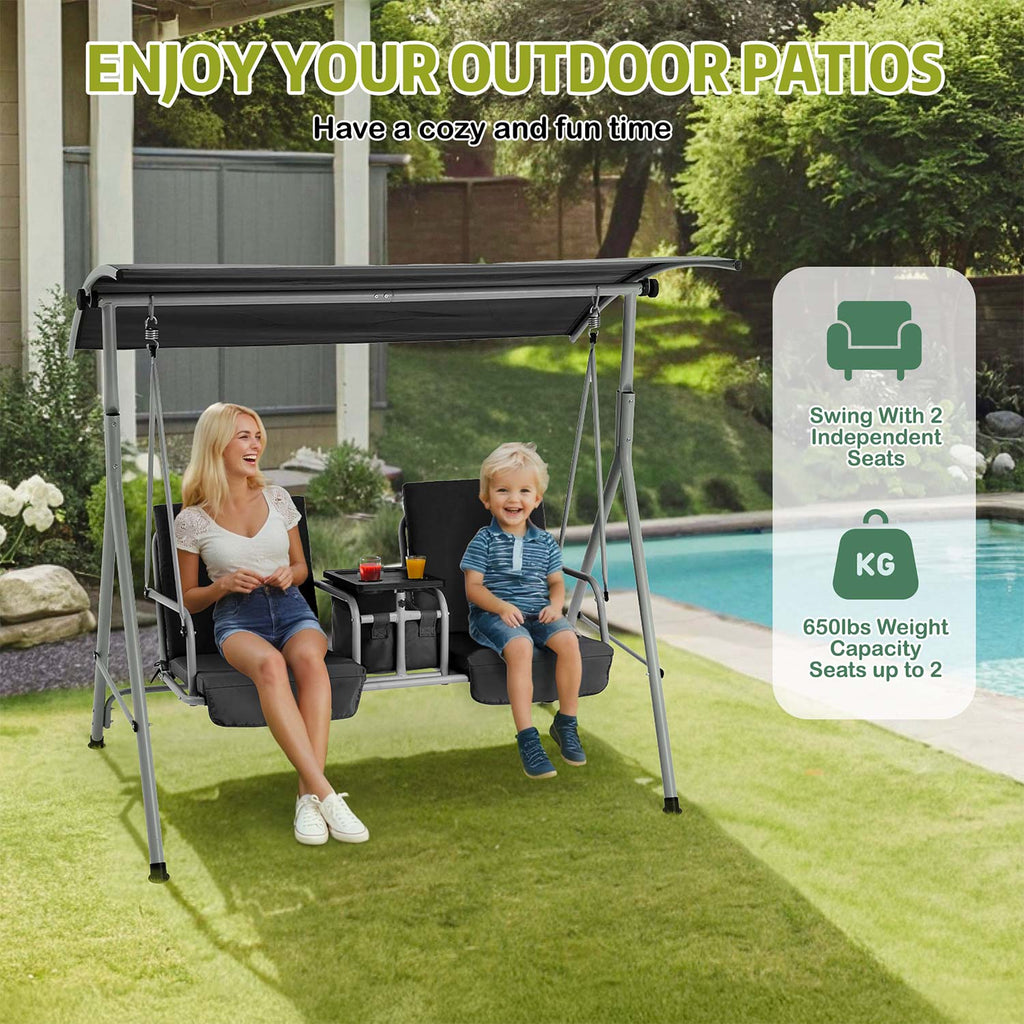 2 Seat Outdoor Porch Swing with Adjustable Canopy and Cup Holders. Black