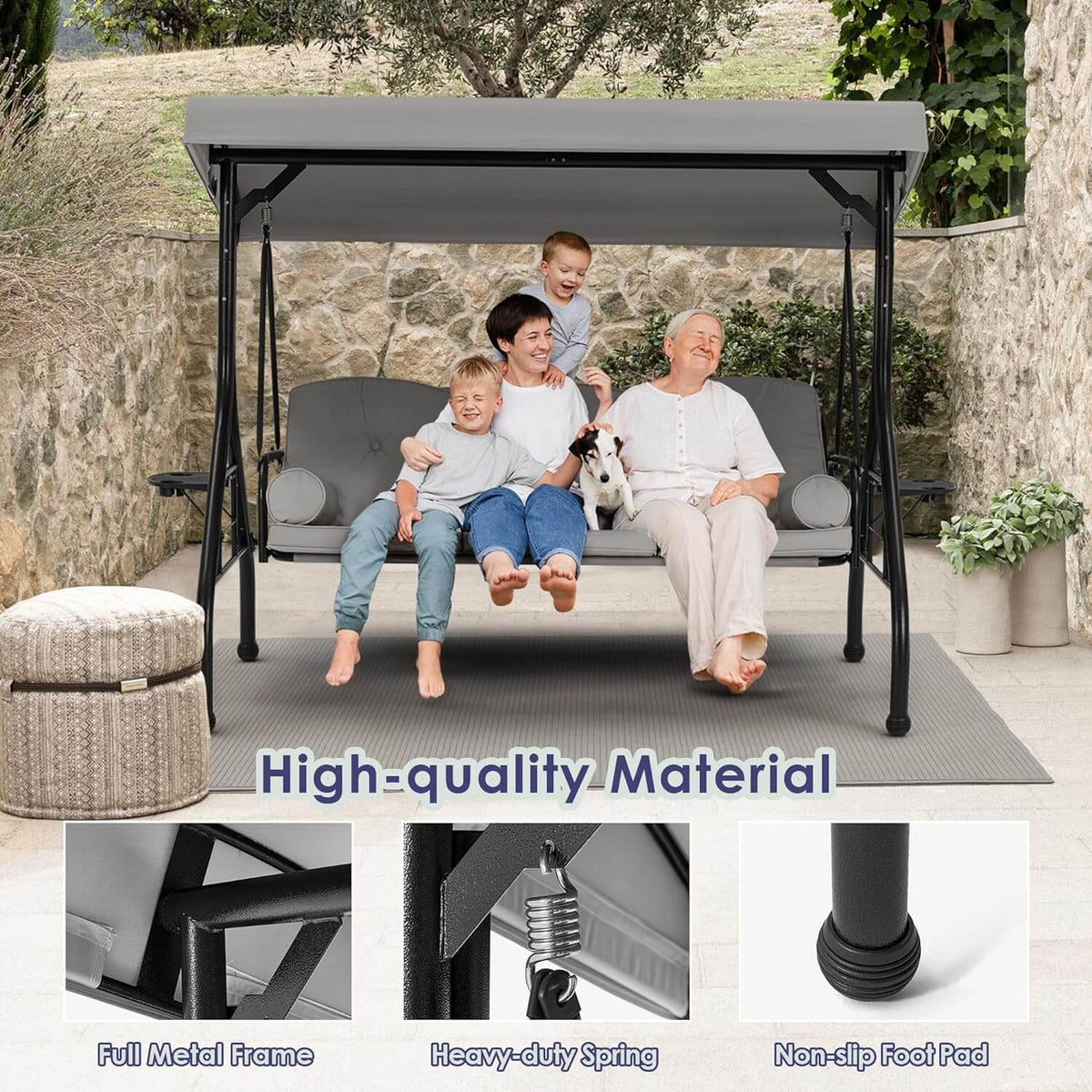 3-Seat Outdoor Porch Swing with Adjustable Canopy and Backrest. Gray