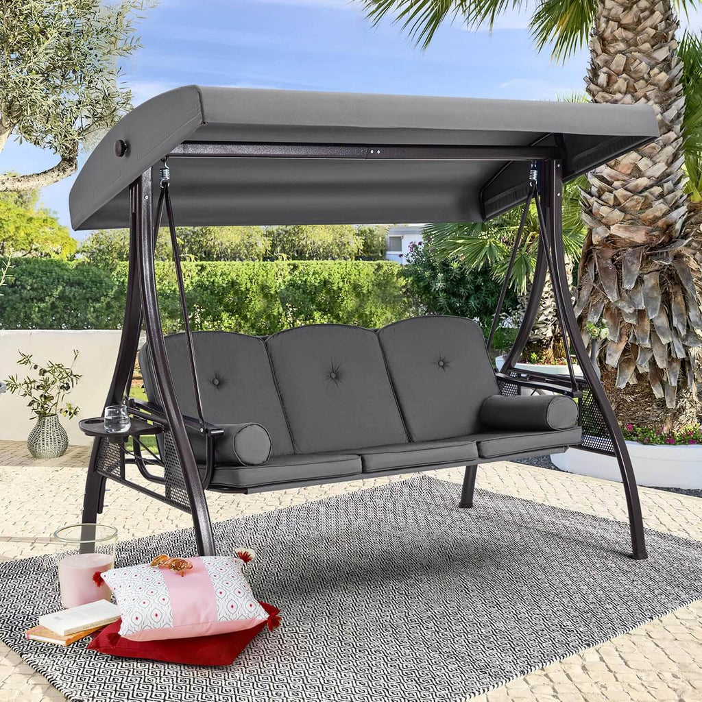 3-Seat Outdoor Porch Swing with Adjustable Canopy and Backrest. Gray