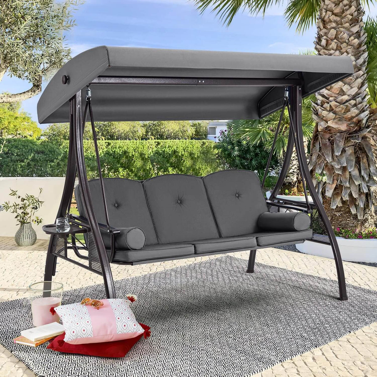 3-Seat Outdoor Porch Swing with Adjustable Canopy and Backrest. Gray