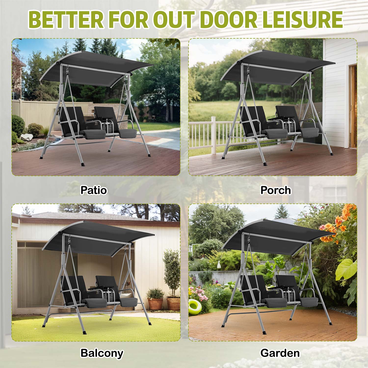 2 Seat Outdoor Porch Swing with Adjustable Canopy and Cup Holders. Black