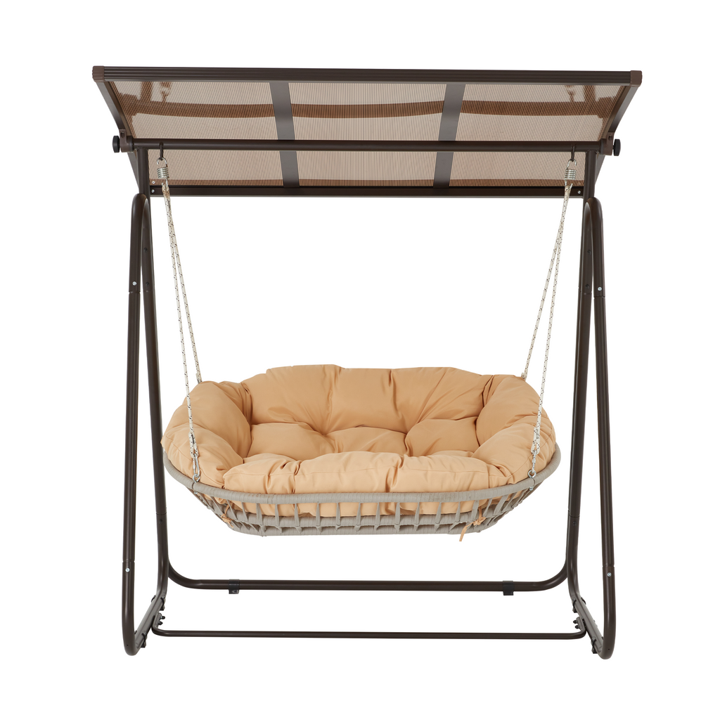 2-Seat Patio Swing Chair with Adjustable Canopy. Beige