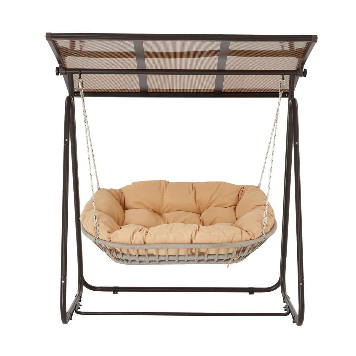 2-Seat Patio Swing Chair with Adjustable Canopy. Beige