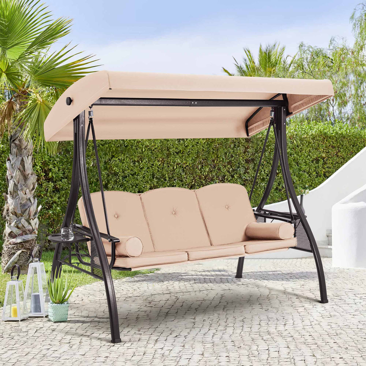 3-Seat Outdoor Porch Swing with Adjustable Canopy and Backrest. Khaki
