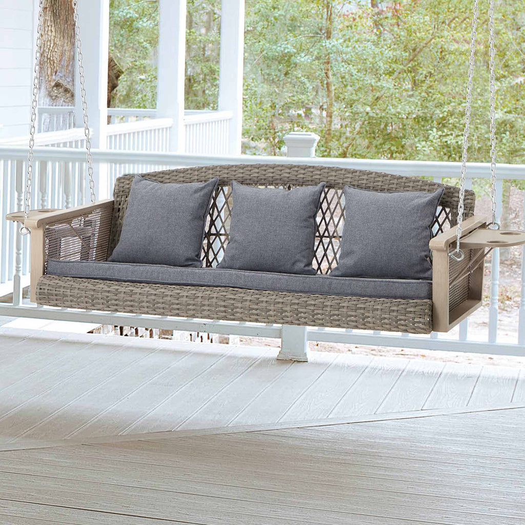 3-Seater Patio Swing Bed with Cup Holders and Cushions . Gray