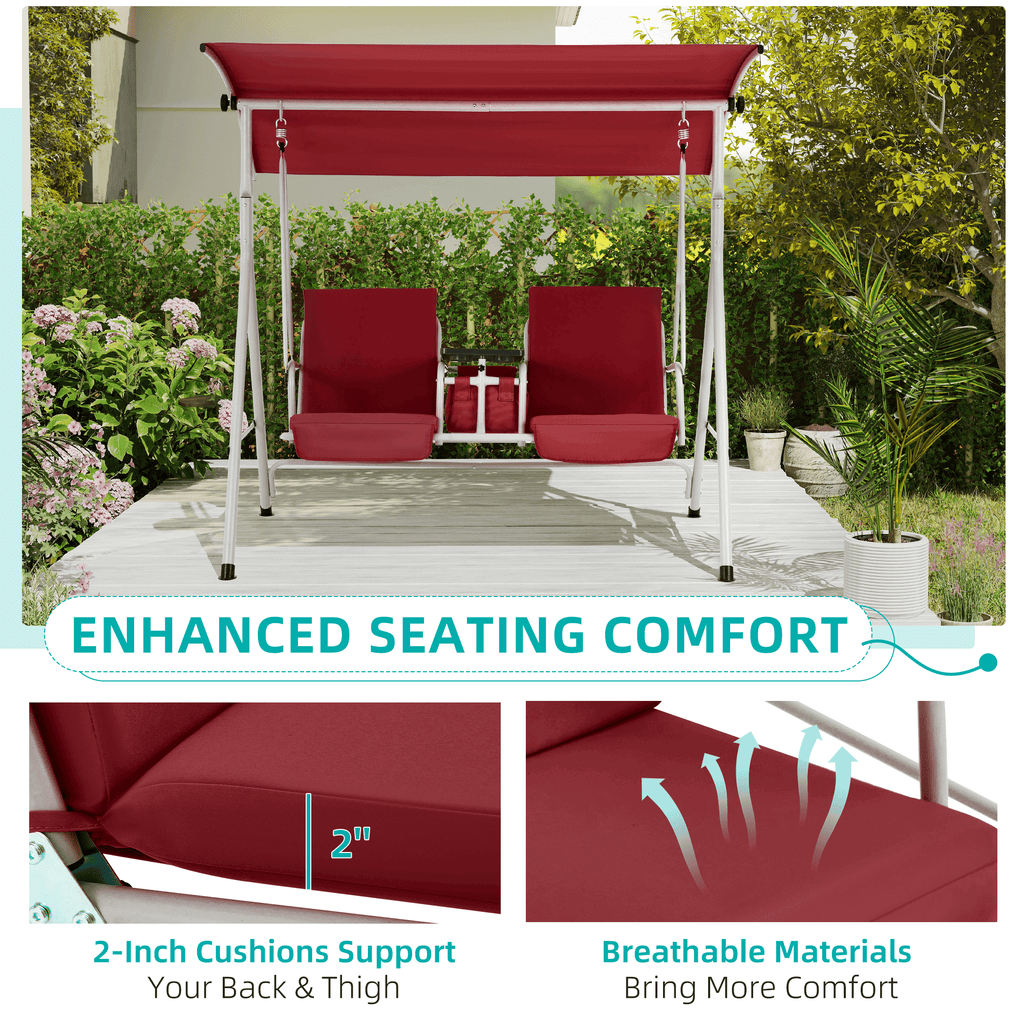 2 Seat Outdoor Porch Swing with Adjustable Canopy. Wine Red