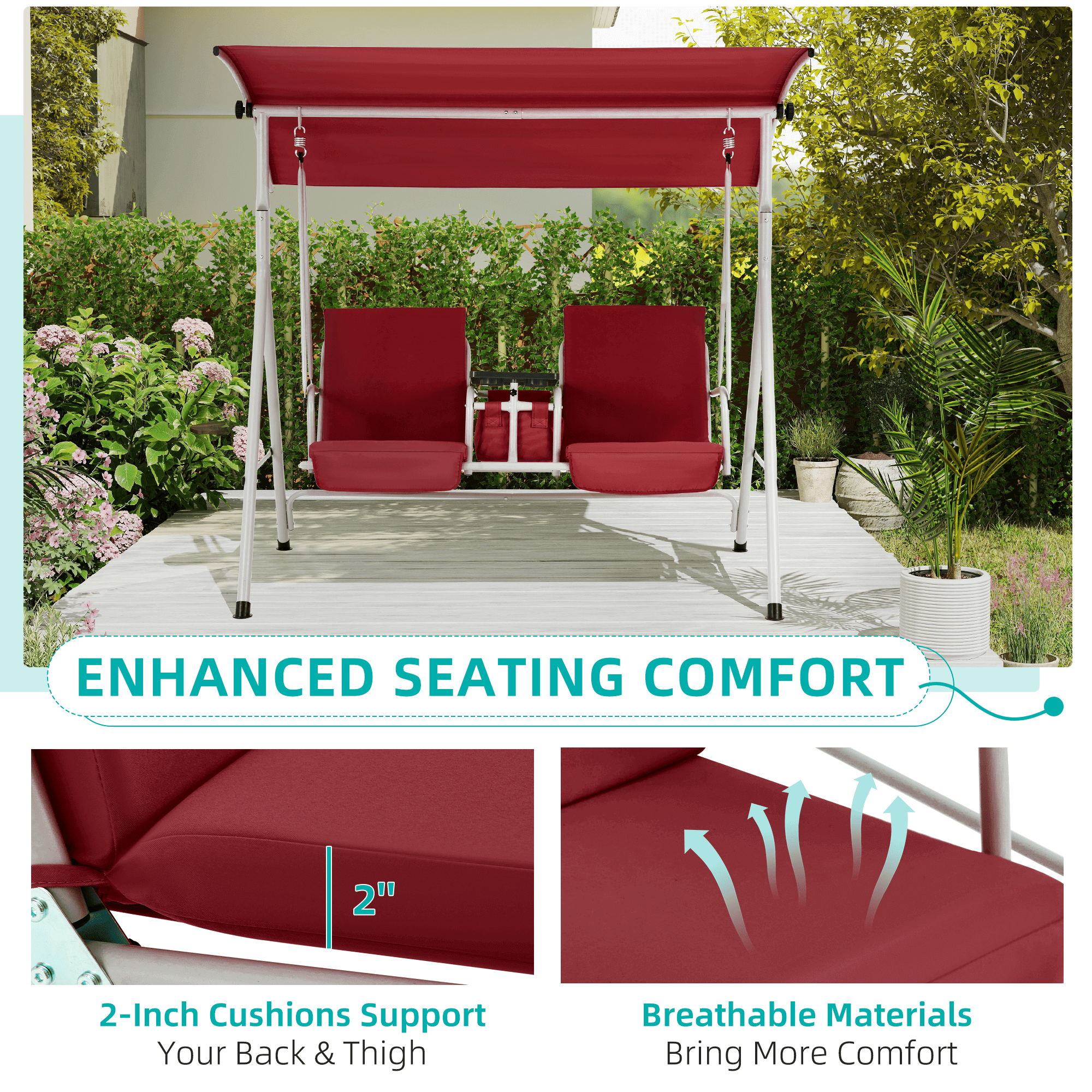 2 Seat Outdoor Porch Swing with Adjustable Canopy. Wine Red