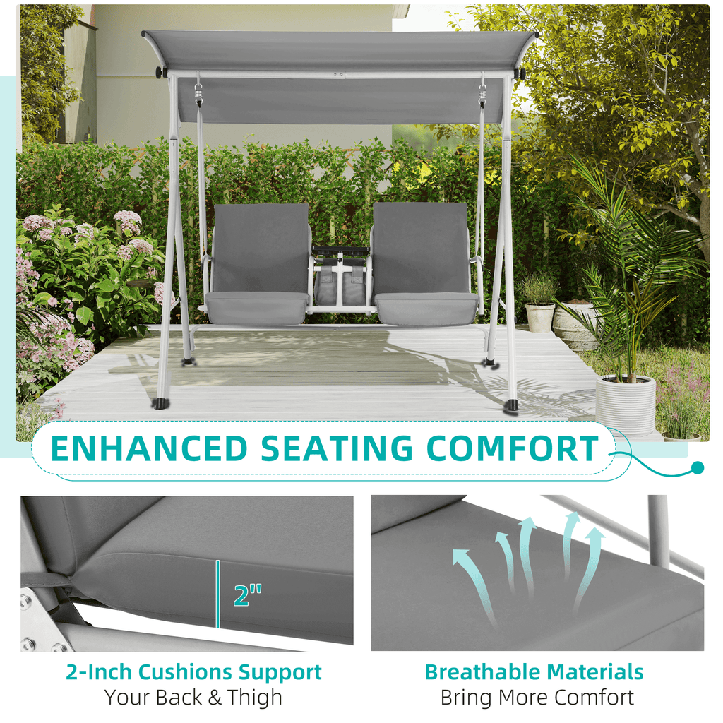 2 Seat Outdoor Porch Swing with Adjustable Canopy. Gray