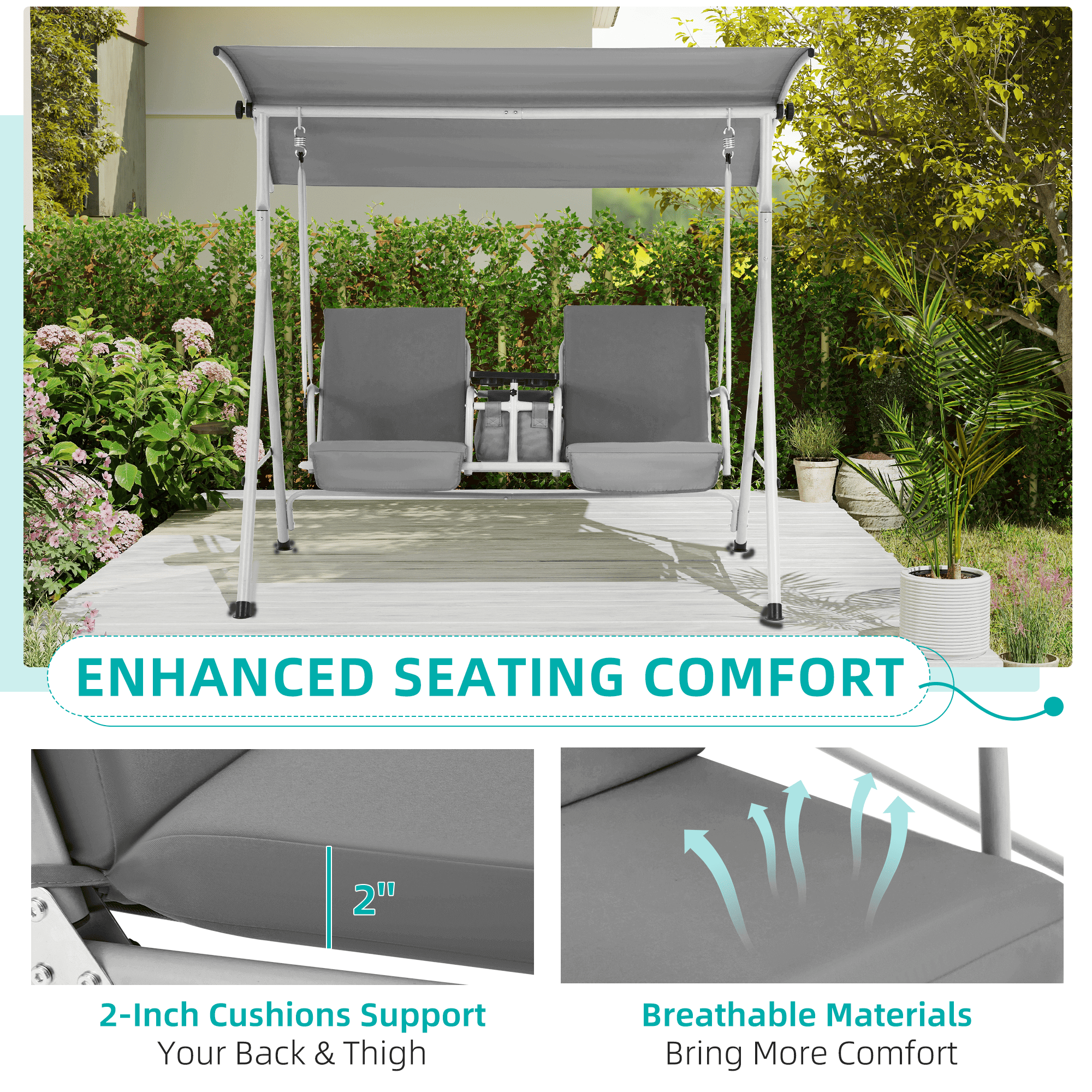 2 Seat Outdoor Porch Swing with Adjustable Canopy. Gray