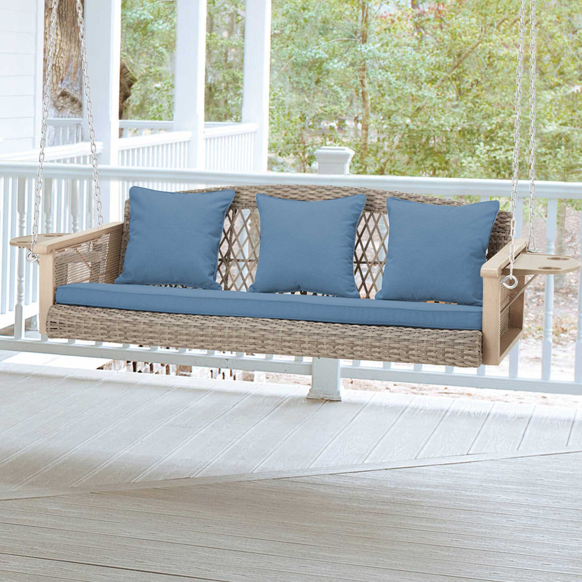 3-Seater Outdoor Porch Swing with Cup Holders. Blue
