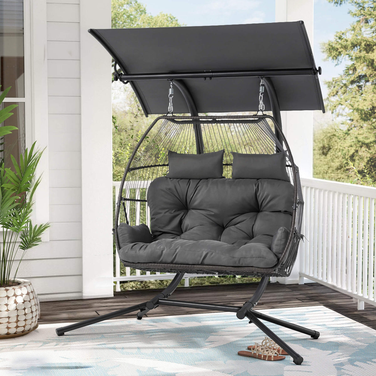 Double Hanging Egg Chair with Stand. Wicker Loveseat Swing. Gray