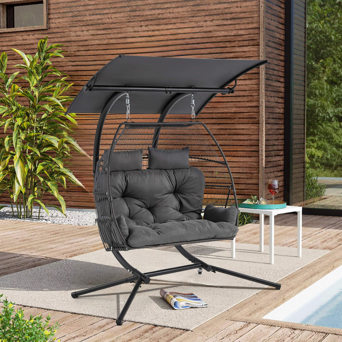 Double Hanging Egg Chair with Stand. Wicker Loveseat Swing. Gray