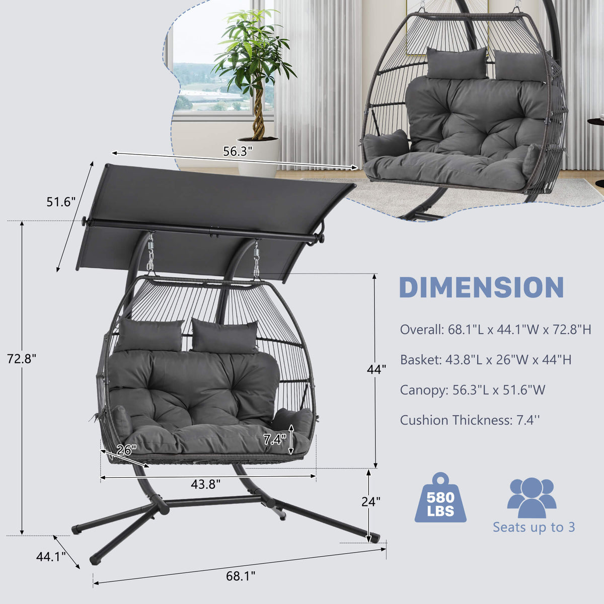 Double Hanging Egg Chair with Stand. Wicker Loveseat Swing. Gray
