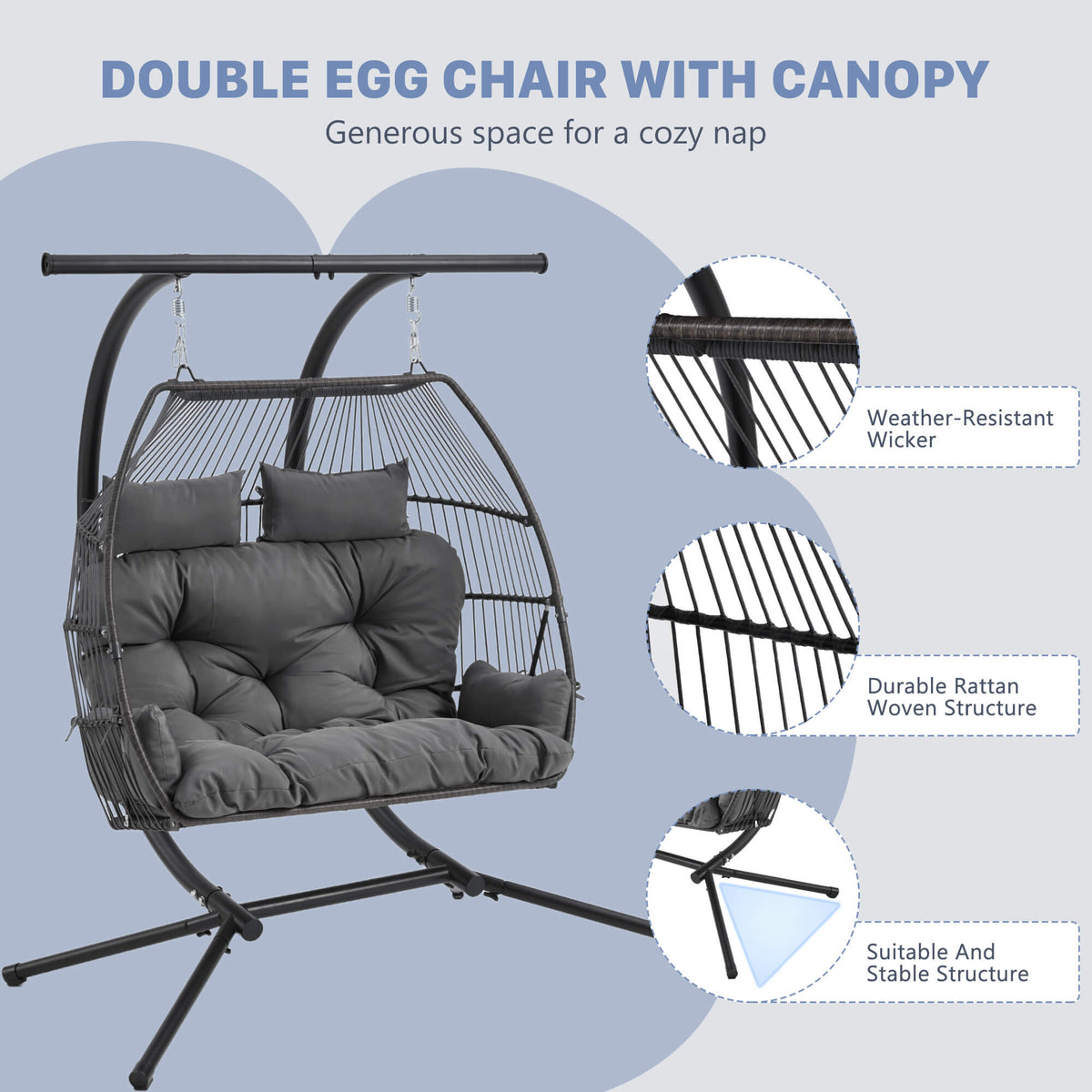 Double Hanging Egg Chair with Stand. Wicker Loveseat Swing. Gray