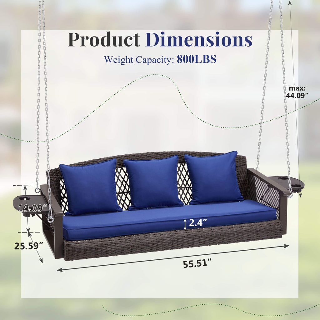 3-Seater Patio Hanging Swing Bed with Cup Holders and Cushions .Navy Blue