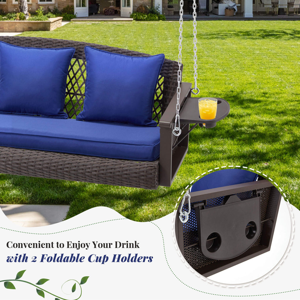 3-Seater Patio Hanging Swing Bed with Cup Holders and Cushions .Navy Blue