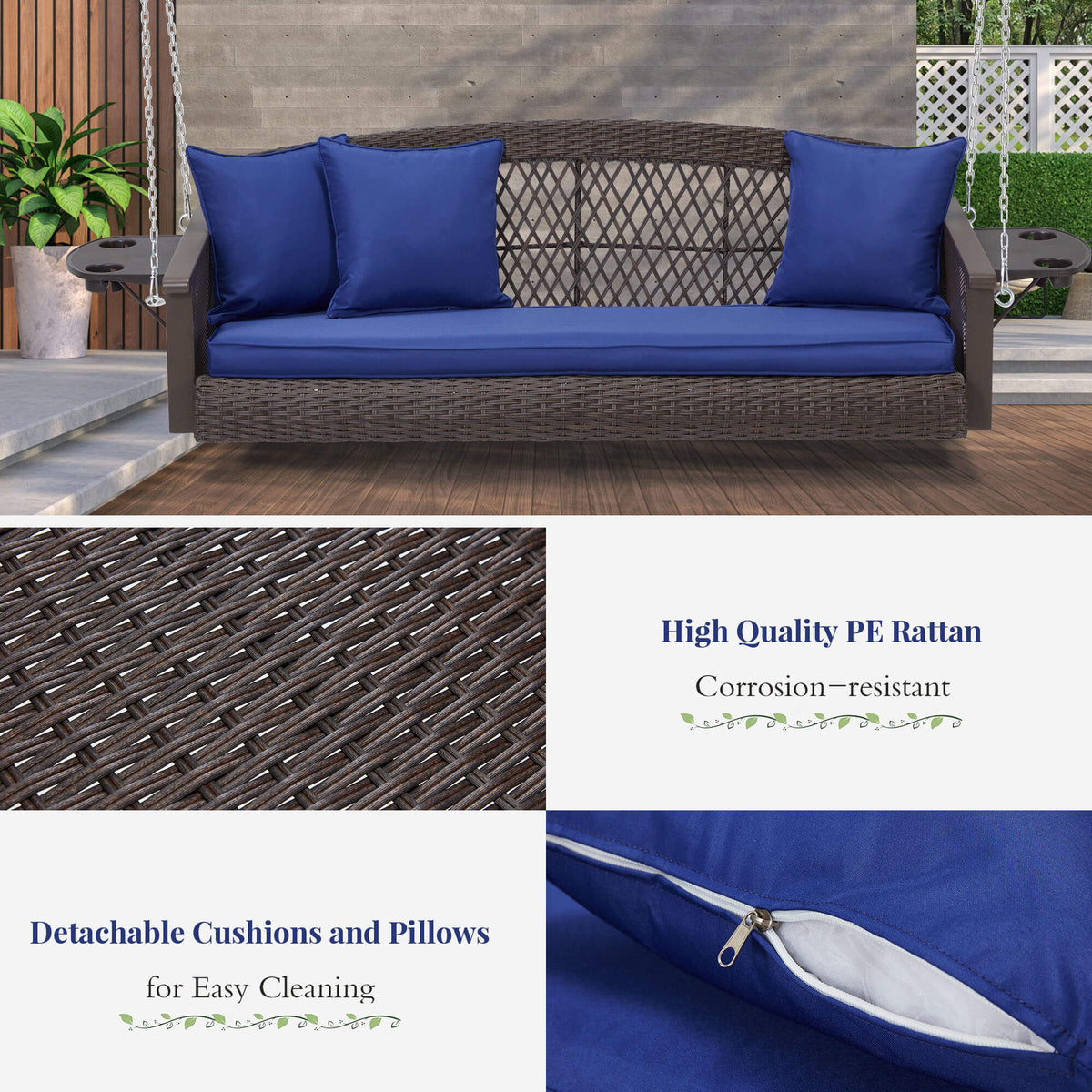 3-Seater Patio Hanging Swing Bed with Cup Holders and Cushions .Navy Blue