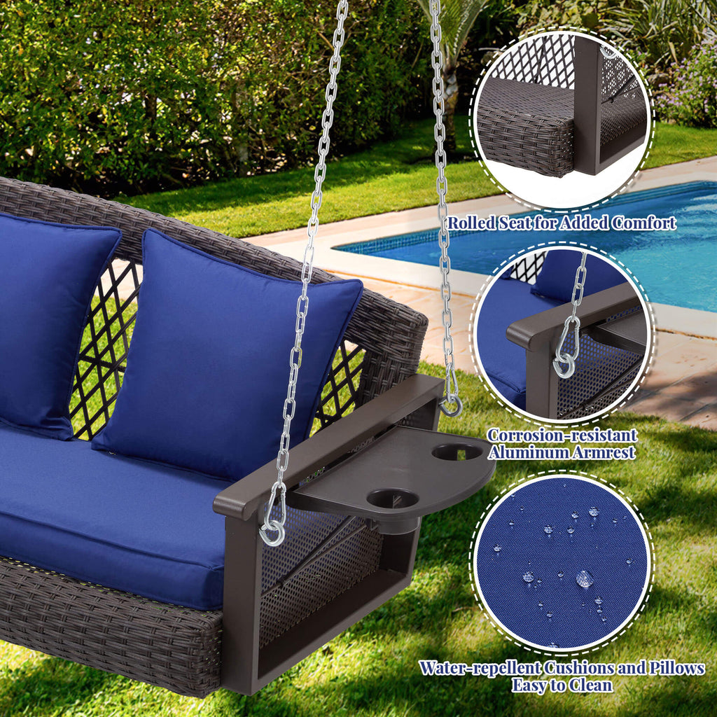 3-Seater Patio Hanging Swing Bed with Cup Holders and Cushions .Navy Blue