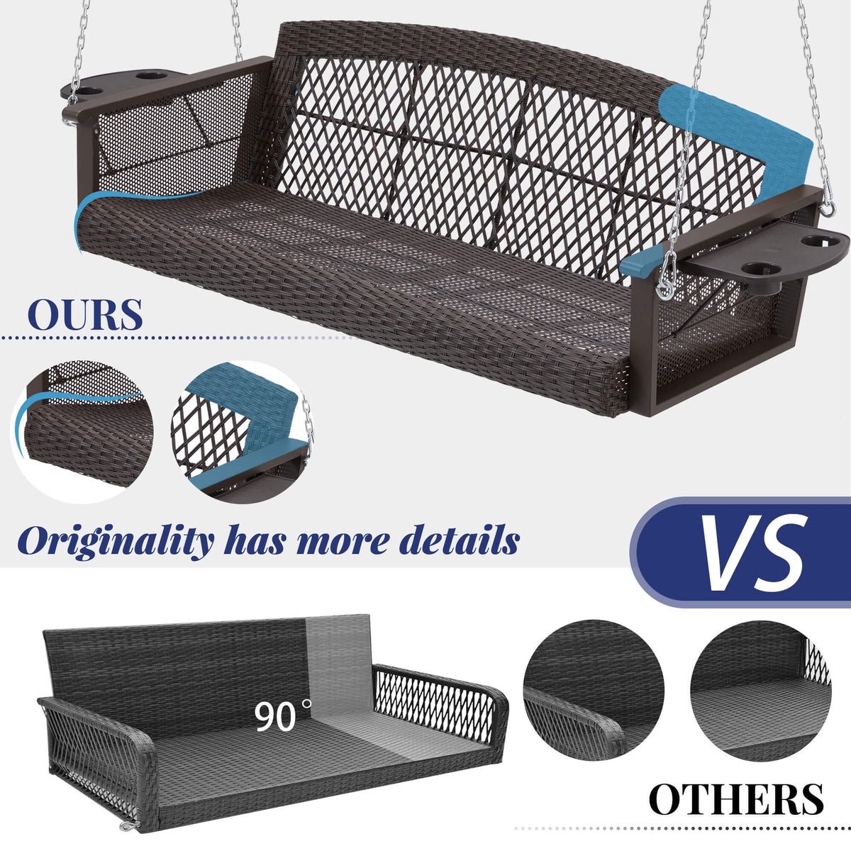 3-Seater Patio Hanging Swing Bed with Cup Holders and Cushions .Navy Blue