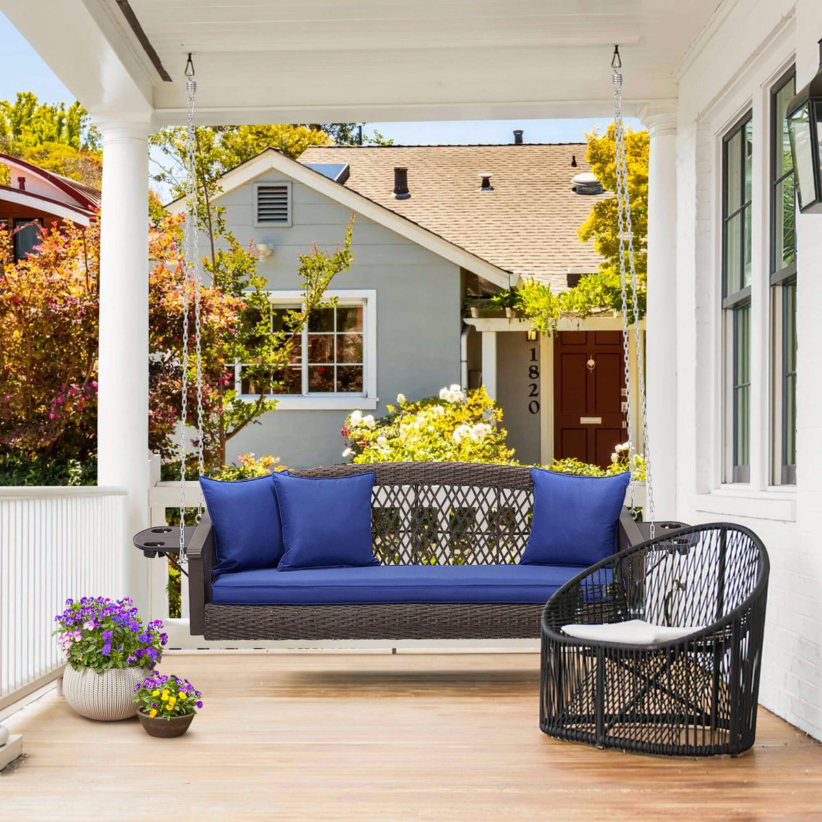 3-Seater Patio Hanging Swing Bed with Cup Holders and Cushions .Navy Blue