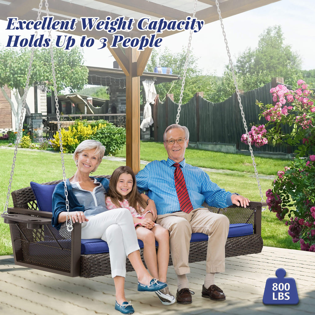 3-Seater Patio Hanging Swing Bed with Cup Holders and Cushions .Navy Blue