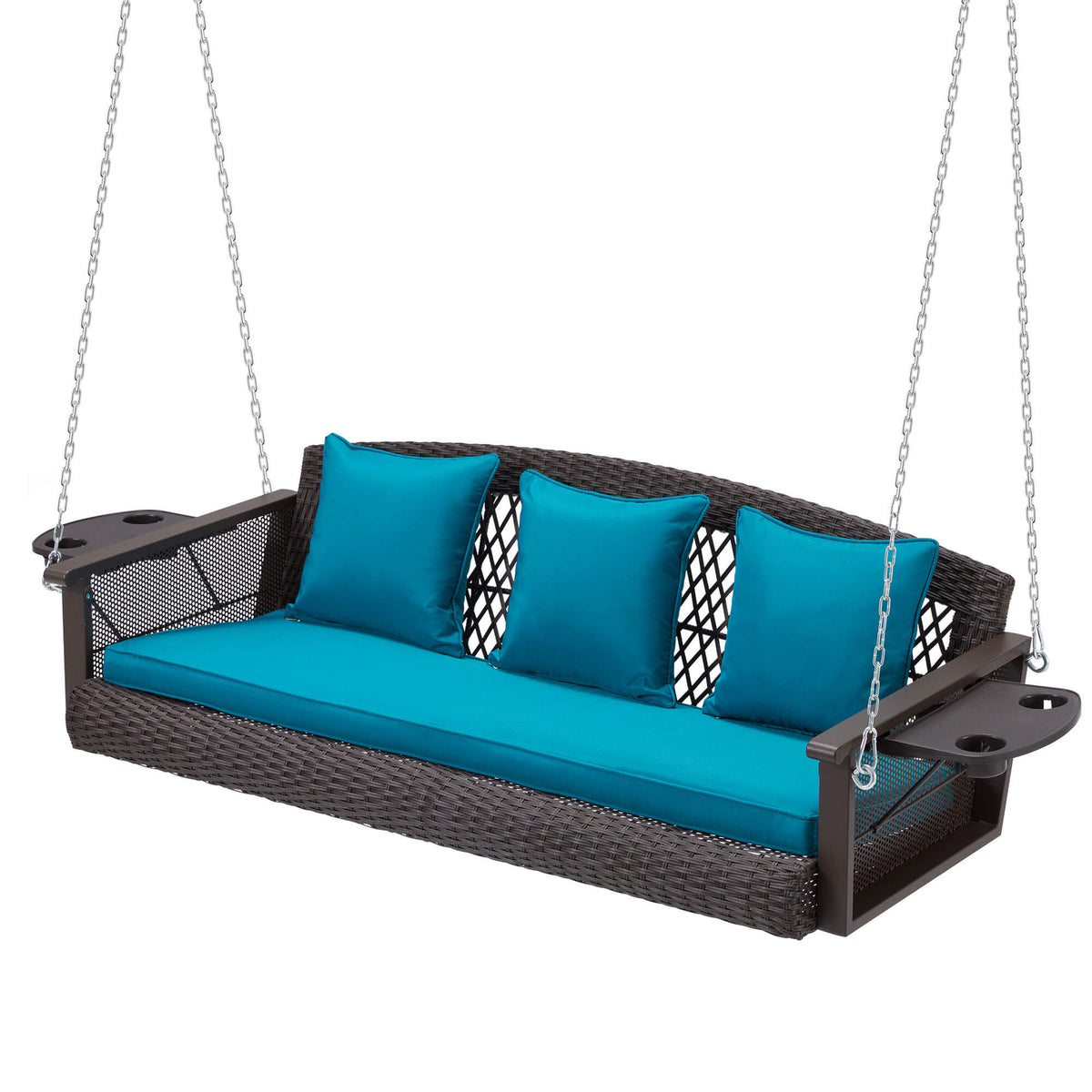 3-Seater Patio Hanging Swing Bed with Cup Holders and Cushions .Peacock Blue