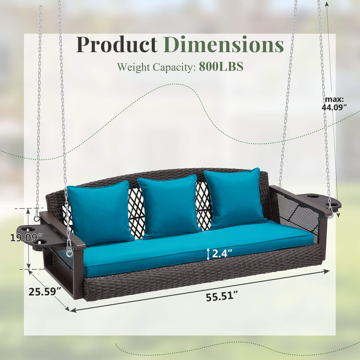 3-Seater Patio Hanging Swing Bed with Cup Holders and Cushions .Peacock Blue