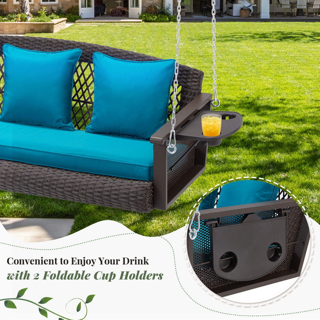 3-Seater Patio Hanging Swing Bed with Cup Holders and Cushions .Peacock Blue