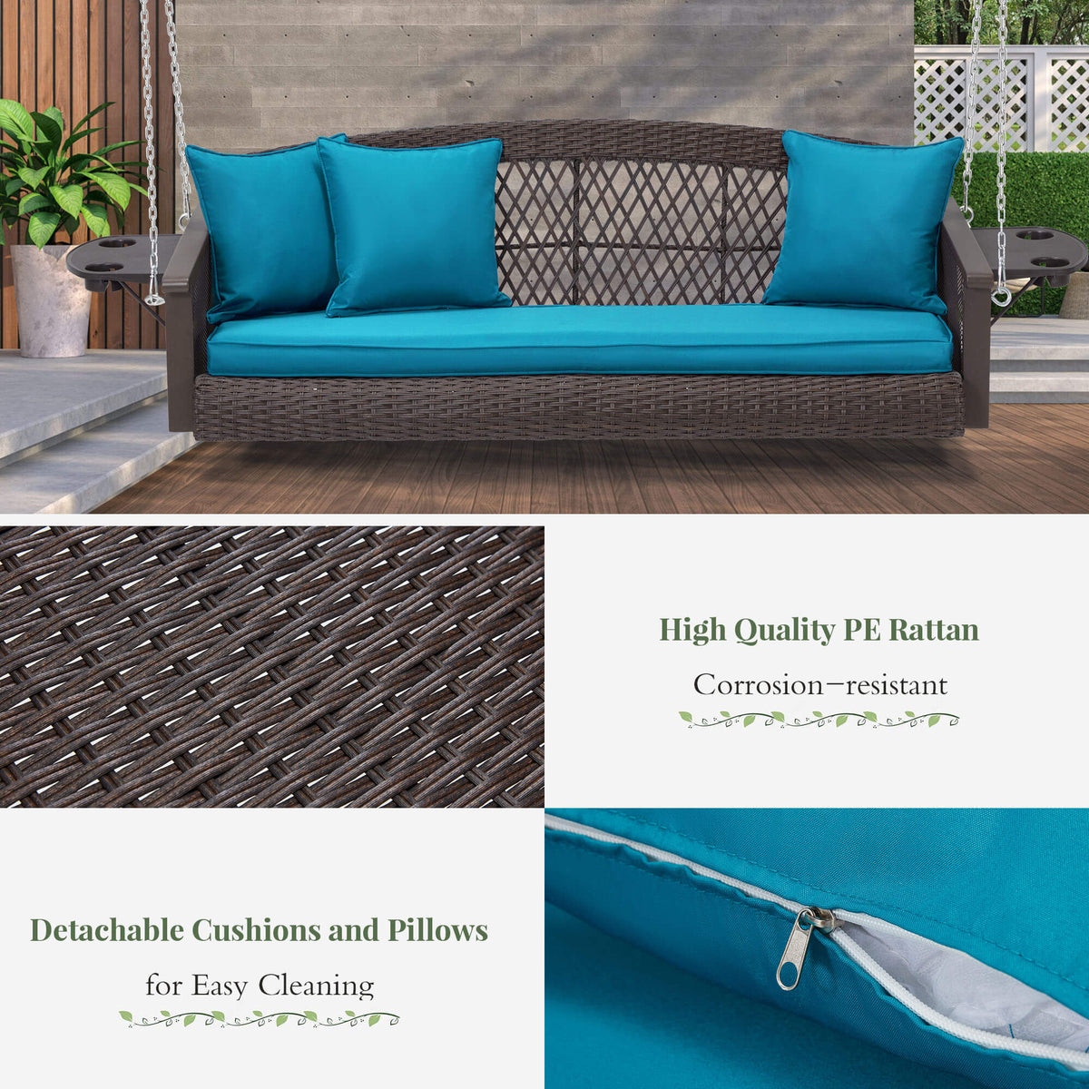 3-Seater Patio Hanging Swing Bed with Cup Holders and Cushions .Peacock Blue