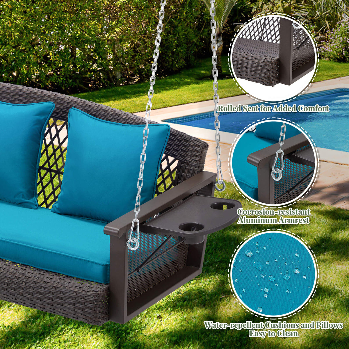 3-Seater Patio Hanging Swing Bed with Cup Holders and Cushions .Peacock Blue
