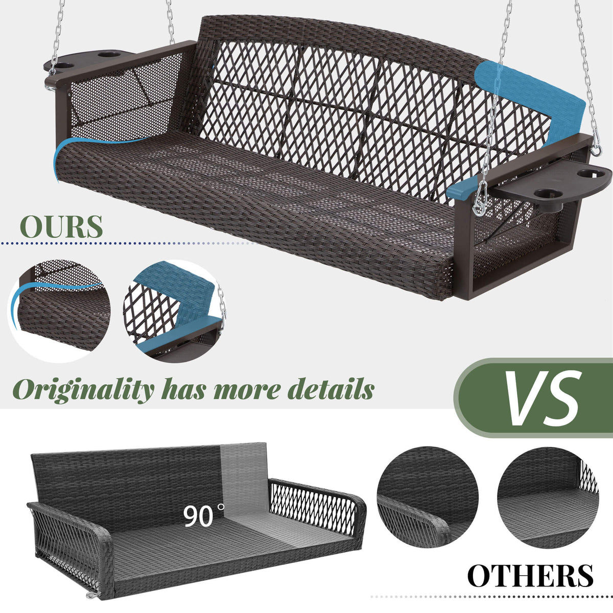3-Seater Patio Hanging Swing Bed with Cup Holders and Cushions .Peacock Blue
