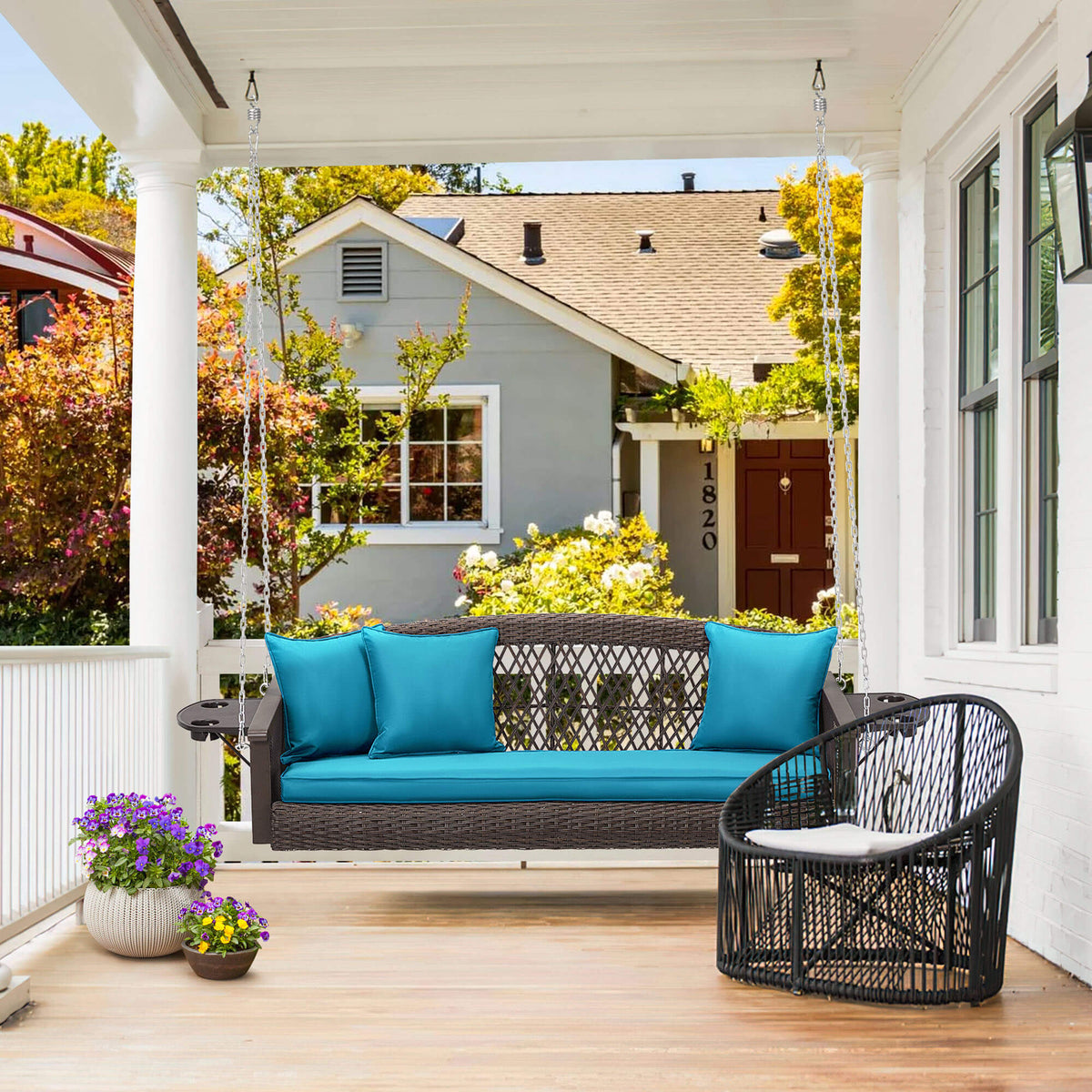 3-Seater Patio Hanging Swing Bed with Cup Holders and Cushions .Peacock Blue