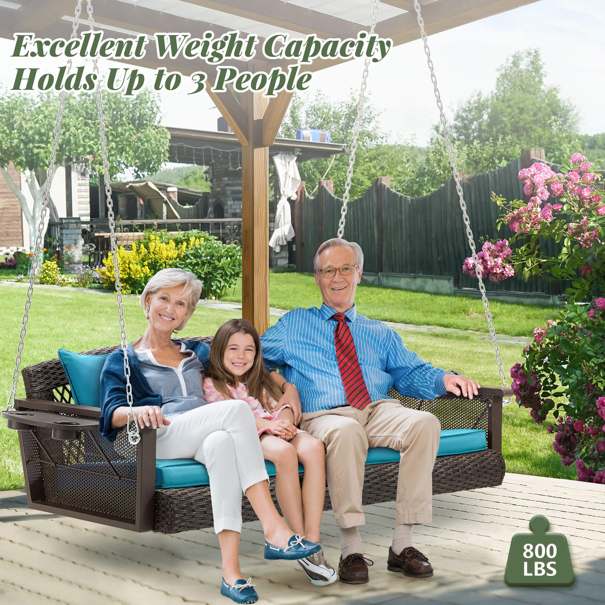 3-Seater Patio Hanging Swing Bed with Cup Holders and Cushions .Peacock Blue