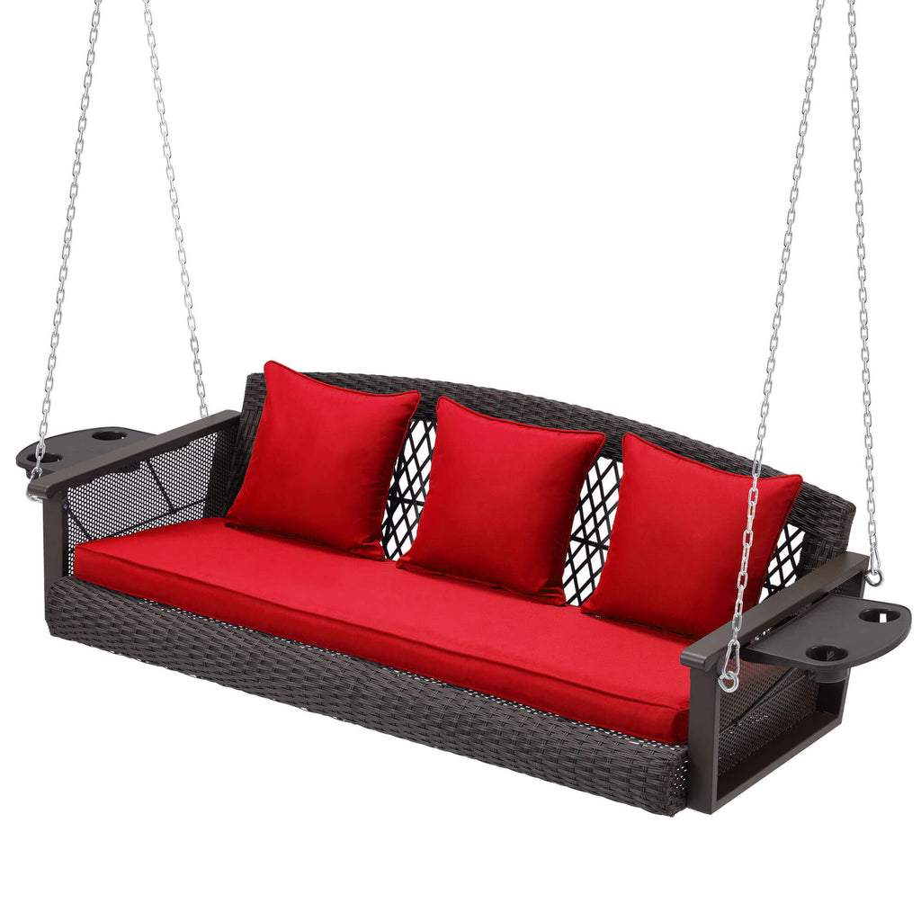 3-Seater Patio Hanging Swing Bed with Cup Holders and Cushions .Red