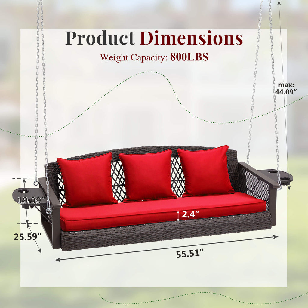 3-Seater Patio Hanging Swing Bed with Cup Holders and Cushions .Red