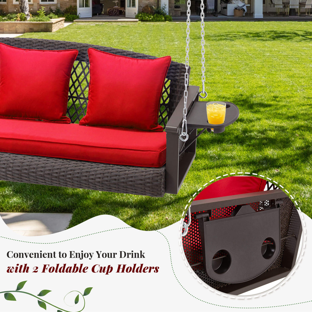 3-Seater Patio Hanging Swing Bed with Cup Holders and Cushions .Red