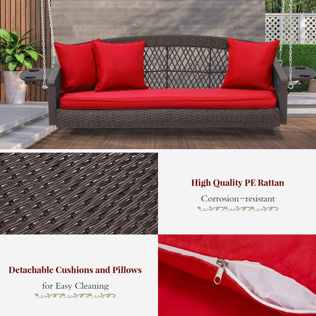 3-Seater Patio Hanging Swing Bed with Cup Holders and Cushions .Red