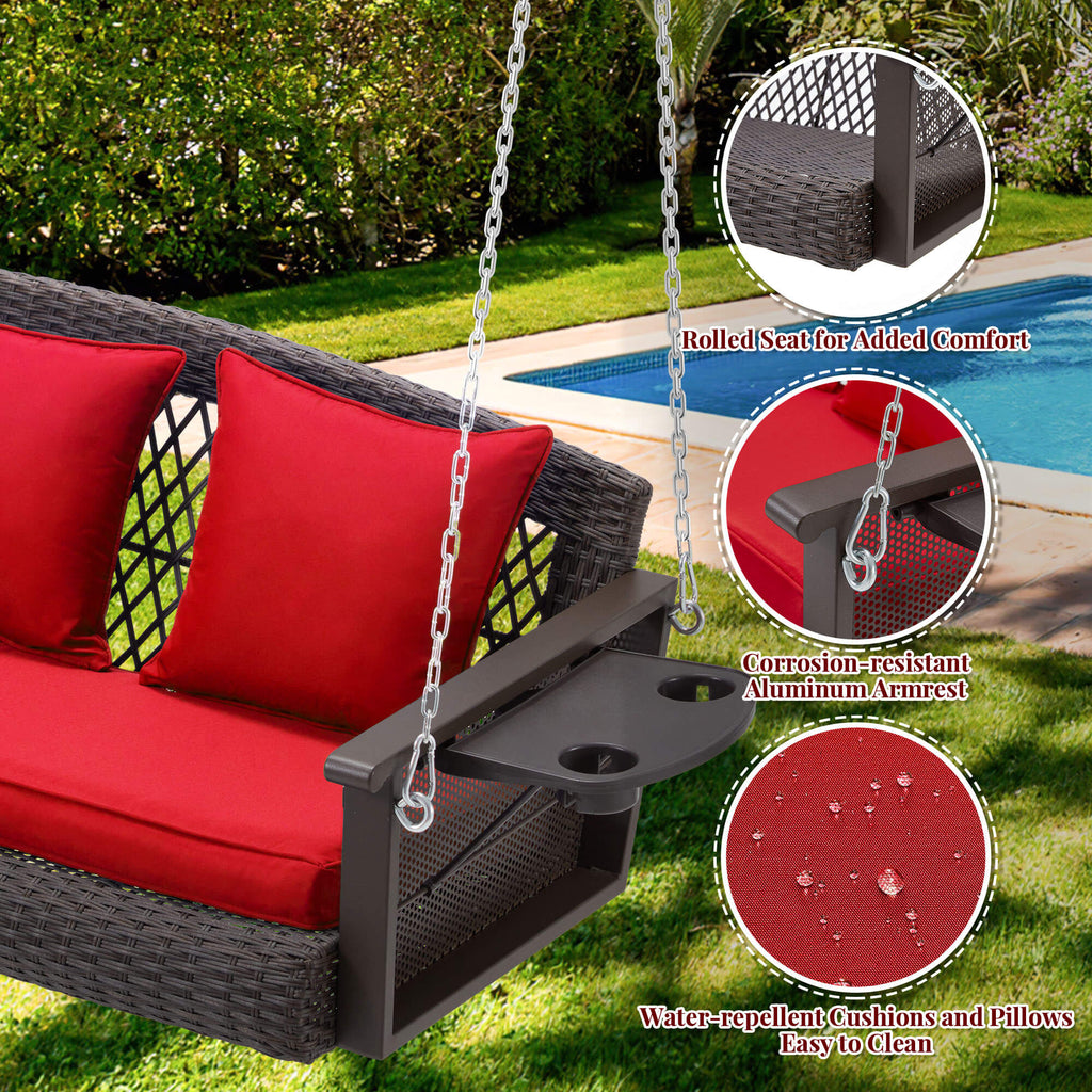 3-Seater Patio Hanging Swing Bed with Cup Holders and Cushions .Red