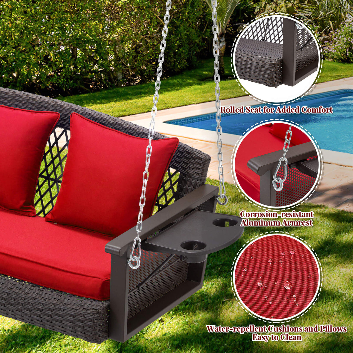3-Seater Patio Hanging Swing Bed with Cup Holders and Cushions .Red
