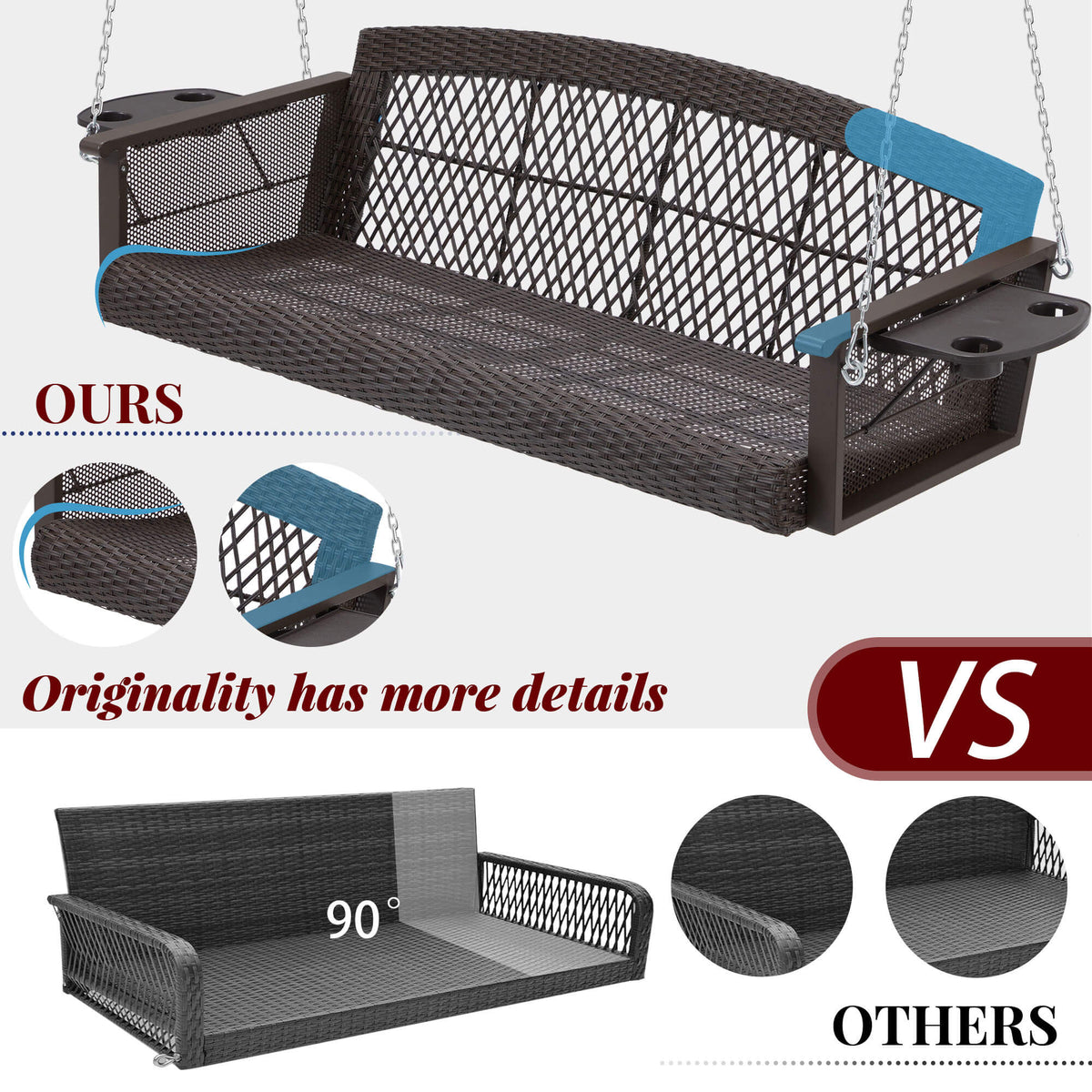 3-Seater Patio Hanging Swing Bed with Cup Holders and Cushions .Red