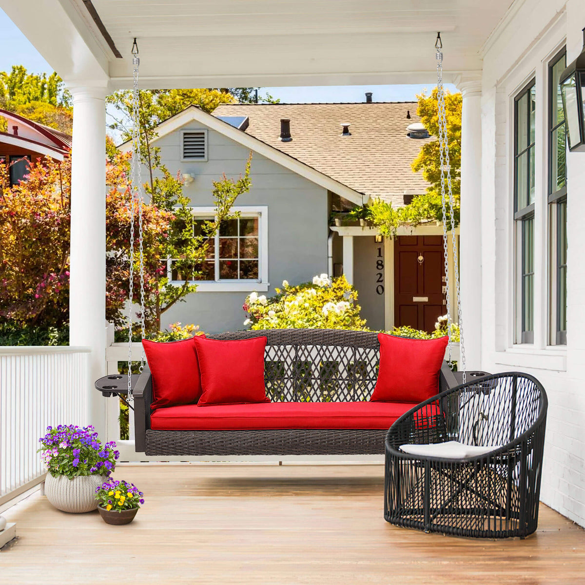 3-Seater Patio Hanging Swing Bed with Cup Holders and Cushions .Red