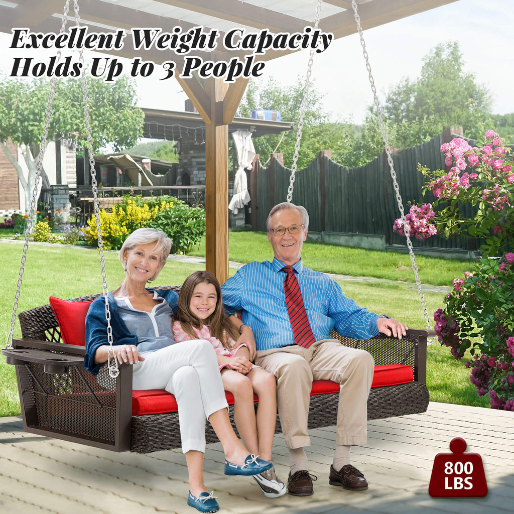3-Seater Patio Hanging Swing Bed with Cup Holders and Cushions .Red