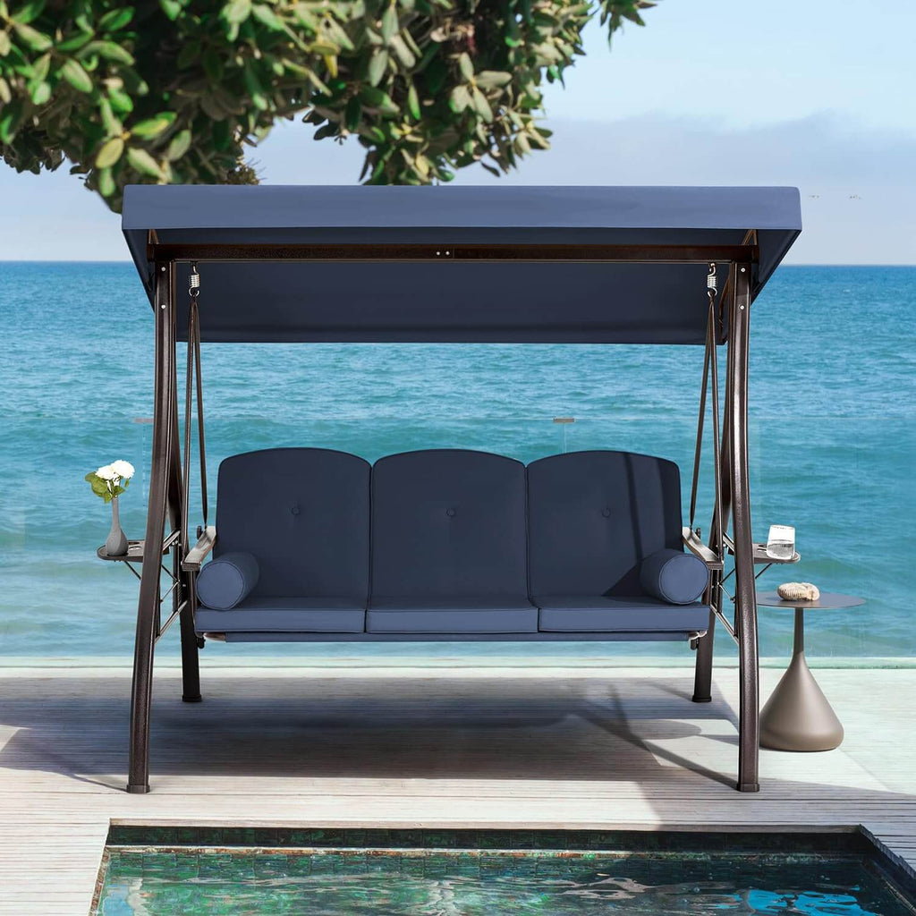 3-Seat Outdoor Porch Swing with Cup Holders. Adjustable Canopy and Backrest for Patio Garden Deck. Blue